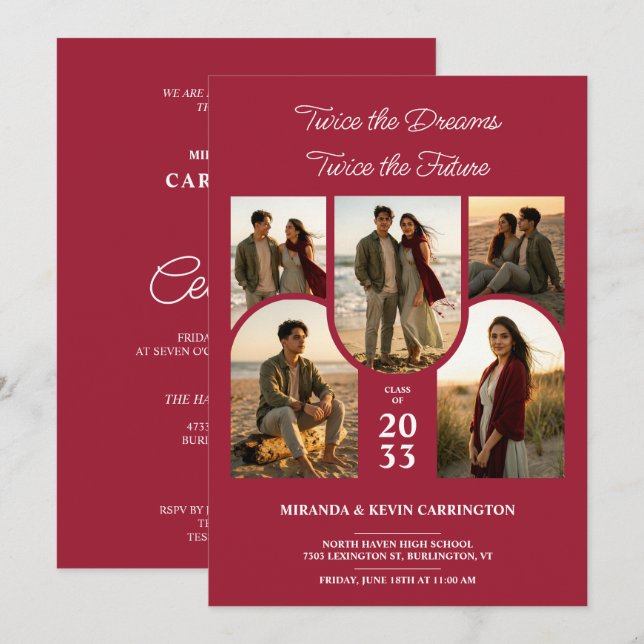 Crimson Arched Collage Double Grads Twin TMF26 Invitation (Front/Back)