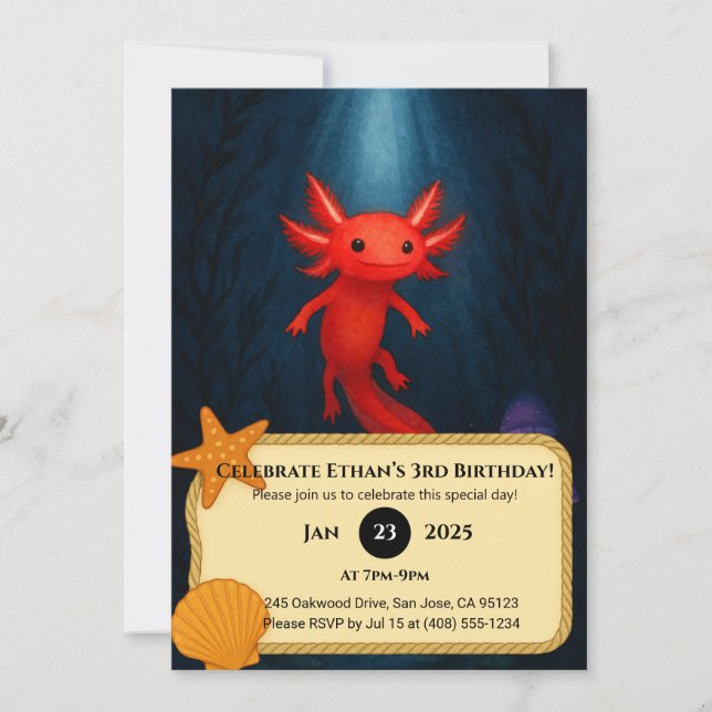 Crimson Axolotl in Mushroom Grotto Birthday  Invitation (Front)