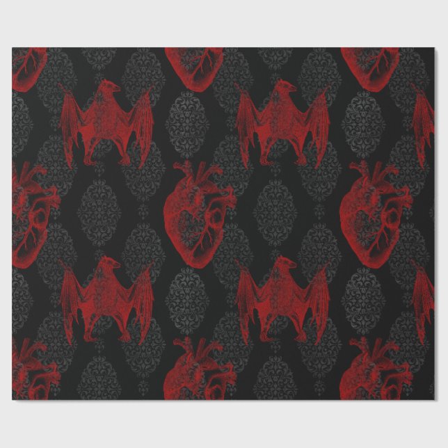 Crimson & Black Hearts and Bats  Wrapping Paper (Flat)