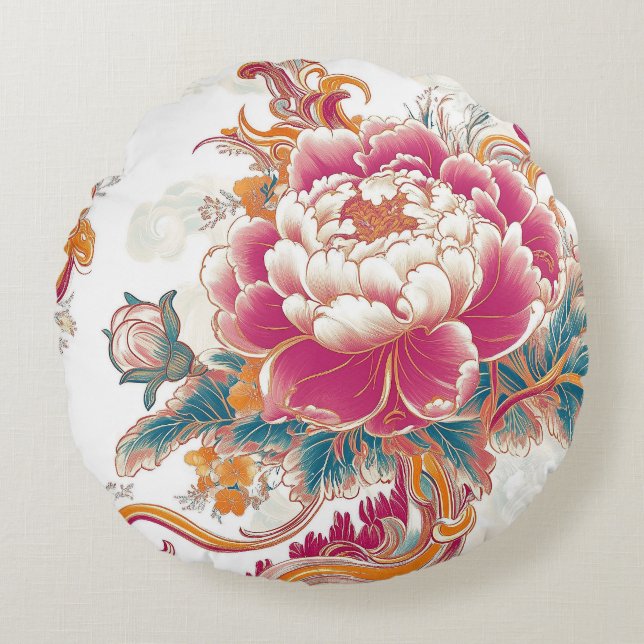 Crimson Bloom Round Pillow (Front)