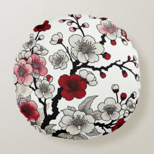 Crimson Blossom Elegance - Japanese-Inspired Flora Round Pillow