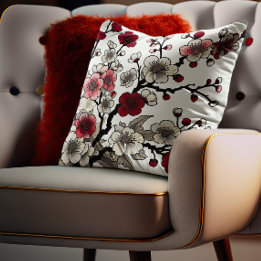 Crimson Blossom Elegance - Japanese-Inspired Flora Throw Pillow