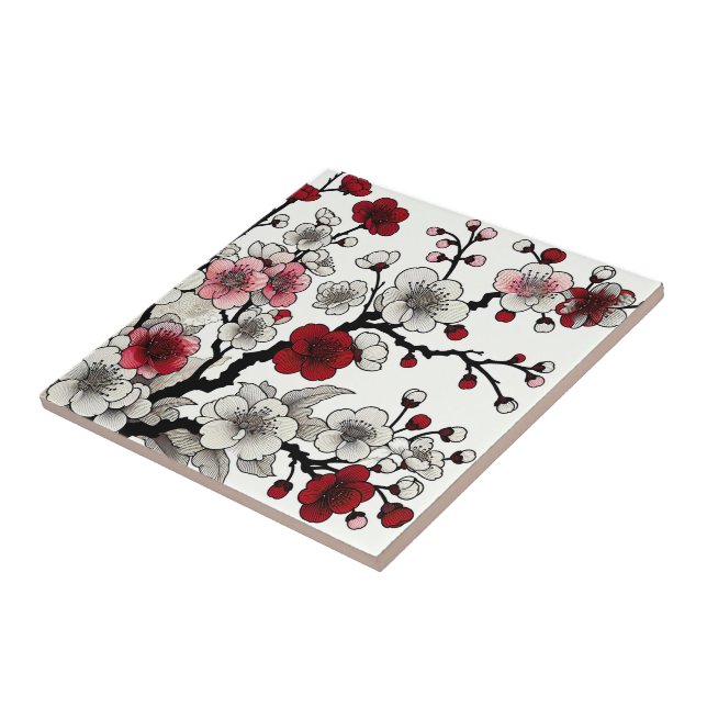 Crimson Blossom Elegance - Japanese-Inspired Flora Tile (Side)