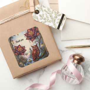 Crimson Blossoms & Mystical Owl.  Square Sticker