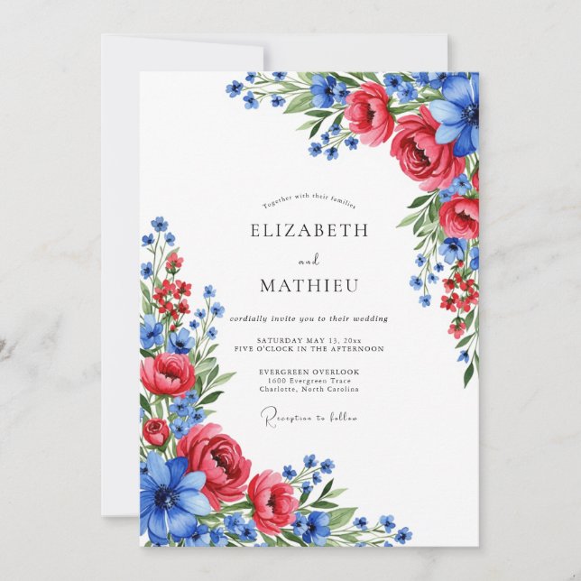 Crimson Blue Artistic Summer Wedding Invitation (Front)