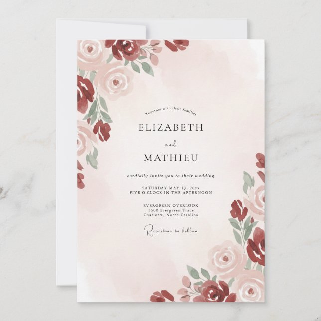 Crimson Blush Bloom Wedding Invitation (Front)
