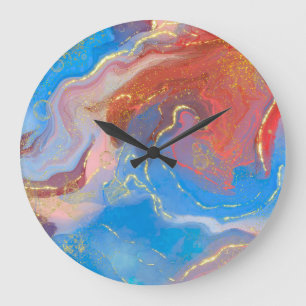Crimson, Blush, Blue and Gold Marbled Alcohol Ink Large Clock