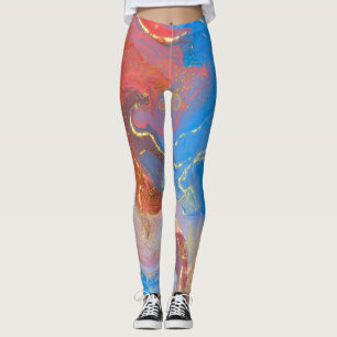 Crimson, Blush, Blue and Gold Marbled Alcohol Ink Leggings