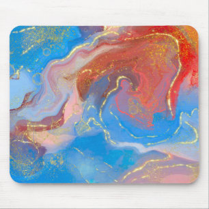 Crimson, Blush, Blue and Gold Marbled Alcohol Ink Mouse Pad