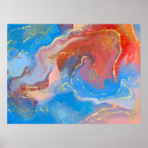 Crimson, Blush, Blue and Gold Marbled Alcohol Ink Poster