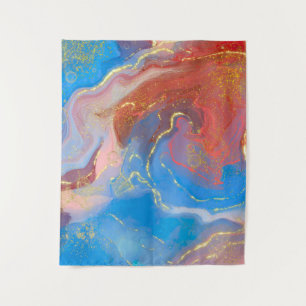 Crimson, Blush, Blue and Gold Marbled Alcohol Ink Tapestry