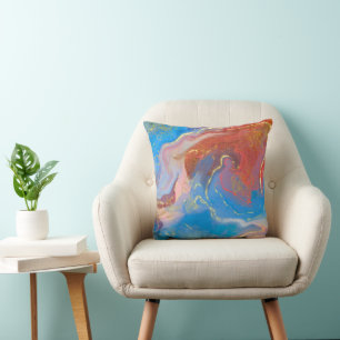 Crimson, Blush, Blue and Gold Marbled Alcohol Ink Throw Pillow
