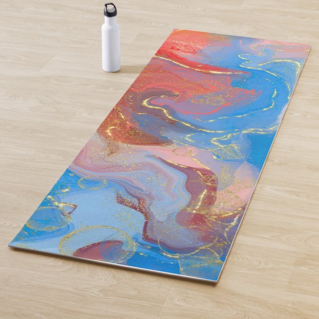 Crimson, Blush, Blue and Gold Marbled Alcohol Ink Yoga Mat (In Situ)