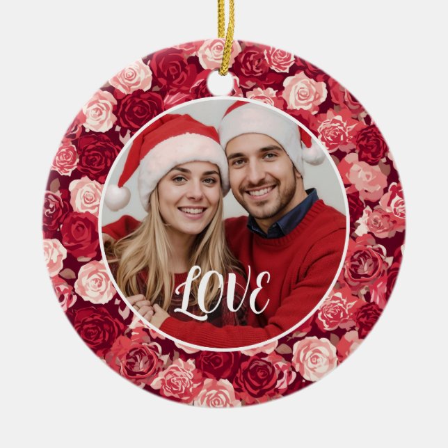 Crimson & Blush Seamless Rose Pattern Ceramic Ornament (Front)