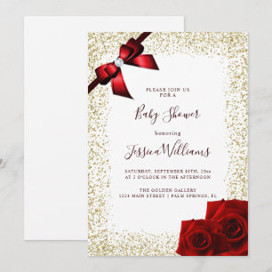 Crimson Bow & Roses Gold Glitter Baby Shower Party Invitation