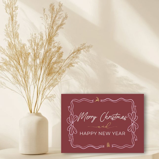 Crimson: Bow & Trees Doodles Holiday Folded Card (Deep Crimson: Bow & Trees Doodles Holiday Folded Card)