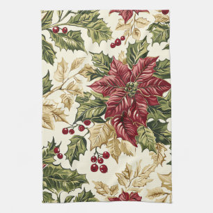 Crimson Champagne Poinsettia Holly Christmas Kitchen Towel