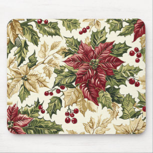 Crimson Champagne Poinsettia Holly Christmas Mouse Pad