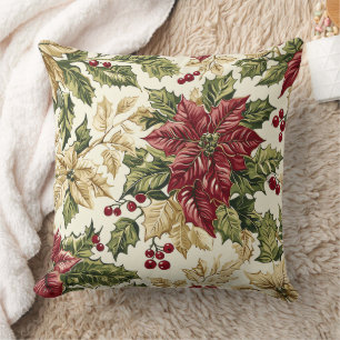 Crimson Champagne Poinsettia Holly Christmas Throw Pillow
