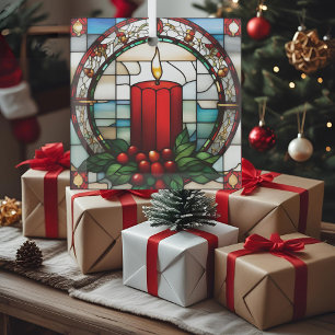 Crimson Christmas Candle Faux Stained Glass Ornament