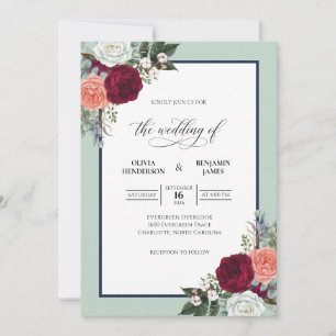 Crimson Coral Greenery Wedding Invitation