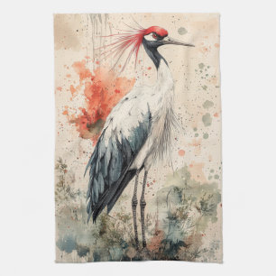 Crimson Crane Blossom Ink Wash (1) Kitchen Towel
