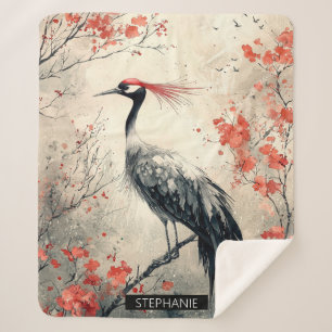 Crimson Crane Blossom Ink Wash (2) Sherpa Blanket