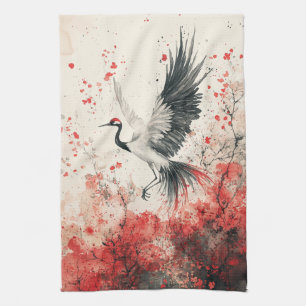 Crimson Crane Blossom Ink Wash (3) Kitchen Towel