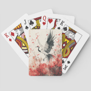 Crimson Crane Blossom Ink Wash (3) Playing Cards
