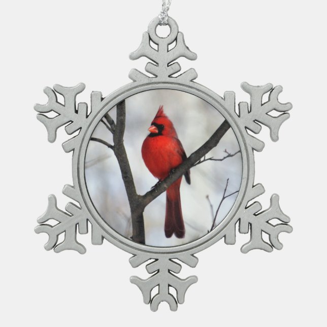 Crimson Crest Cardinal Snowflake Pewter Christmas Ornament (Front)