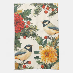 Crimson Dahlia Chickadee Christmas Cream Pattern Kitchen Towel