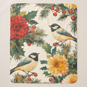 Crimson Dahlia Chickadee Christmas Cream Pattern Sherpa Blanket