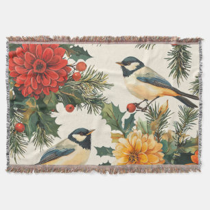 Crimson Dahlia Chickadee Christmas Cream Pattern Throw Blanket