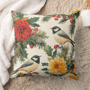 Crimson Dahlia Chickadee Christmas Cream Pattern Throw Pillow