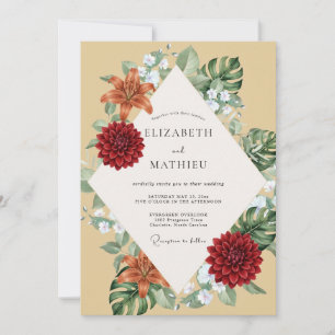 Crimson Dahlia Monstera Wedding Invitation