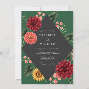 Crimson Dahlia Sunflower Wedding Invitation
