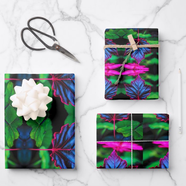Crimson-Edged Blue – Vivid Leaf Wrapping Paper (Front)
