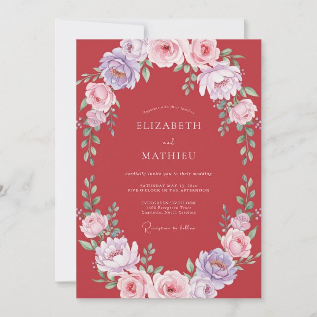 Crimson Elaborate Botanical Wedding Invitation (Front)