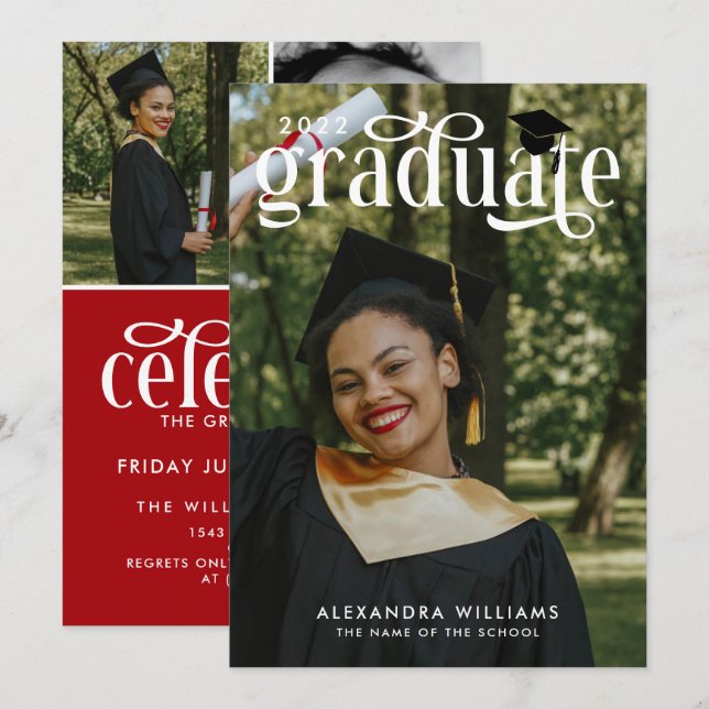 Crimson Elegant White Overlay Photo Graduate Invitation (Front/Back)