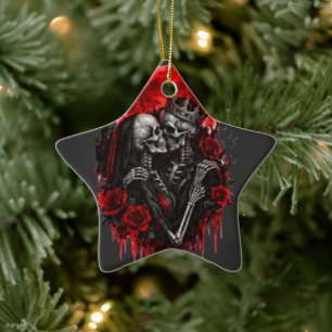 Crimson Embrace: Skeleton Lovers Ceramic Ornament