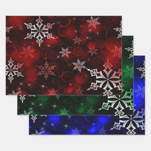 Crimson Emerald & Royal Blue Snowflake Pattern Wrapping Paper Sheet