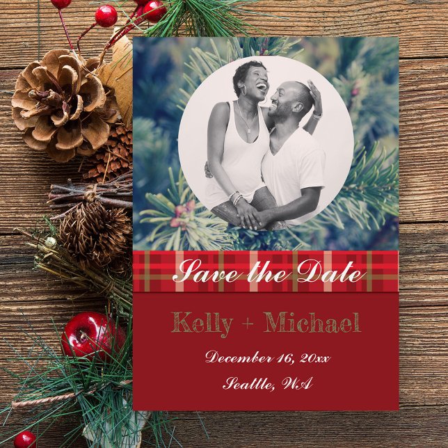Crimson & Evergreen Flat Save The Date Card (Crimson & Evergreen Tree Save the Date Photo Card)