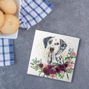 Crimson Floral Bouquet Dalmatian Dog Tile