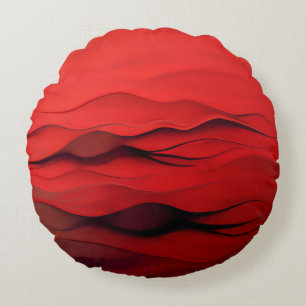 Crimson Flow – Abstract Red Waves of Motion Round Pillow