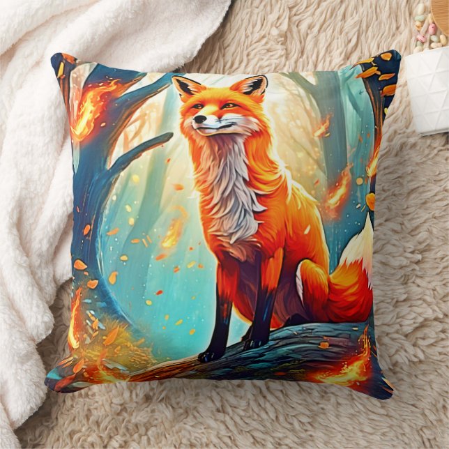 Crimson Fox Scene Design Throw Pillow (Blanket)