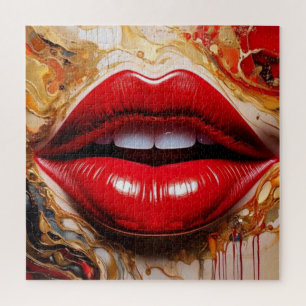Crimson Gloss: Bold Red Lips & Liquid Gold Jigsaw Puzzle