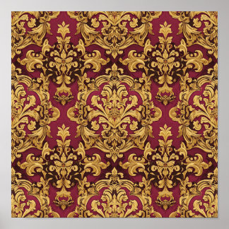 Crimson Gold Baroque Damask Pattern Poster