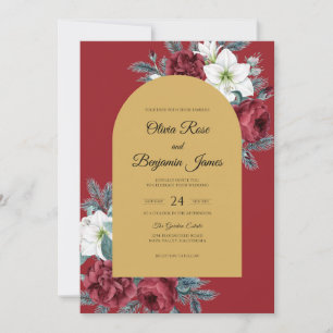 Crimson Gold Bloom Wedding Invitation