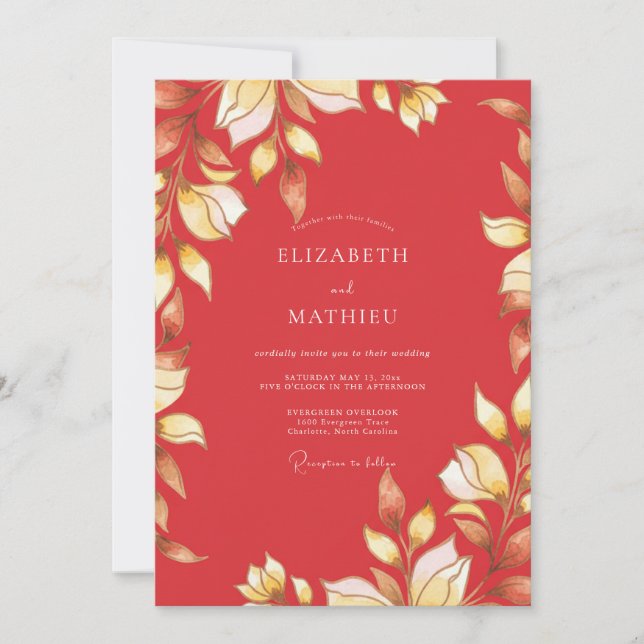 Crimson Gold Leaf Wedding Invitation (Front)