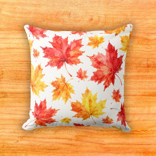 Crimson Gold Watercolor Maple Leaf Pattern Throw Pillow